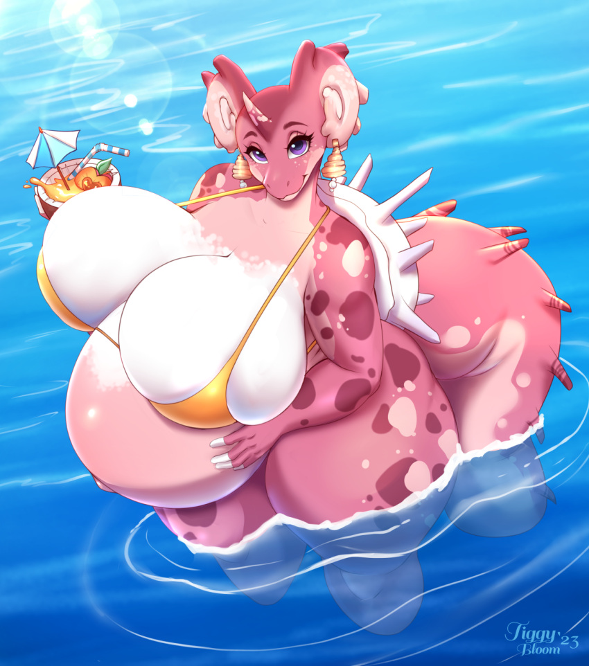 2023 anthro belly beverage big_belly big_breasts bikini breasts clothed clothing coconut coconut_drink drinking_straw drupe_(fruit) ear_piercing female food fruit generation_1_pokemon hi_res huge_breasts hyper hyper_breasts hyper_pregnancy lapras looking_at_viewer lyra_(spottedtigress) navel nintendo outie_navel outside partially_clothed partially_submerged piercing pink_body plant pokemon pokemon_(species) pregnant shell solo spiked_shell spikes spikes_(anatomy) spottedtigress standing_in_water sun_glare swimwear thick_thighs voluptuous_female