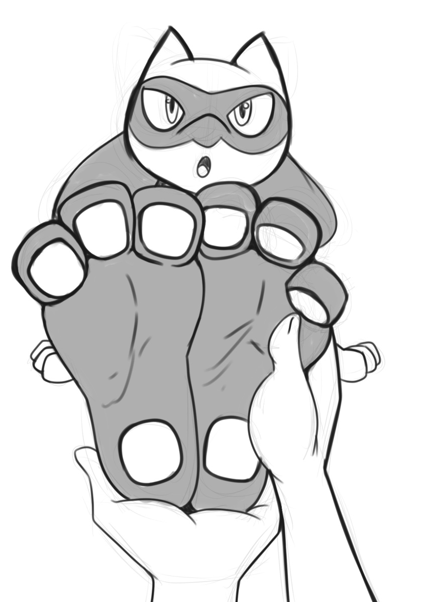 3_toes :o ambiguous_gender anthro duo feet first_person_view foot_focus foot_grab foot_rub generation_4_pokemon hi_res human mammal monochrome nintendo open_mouth pawpads pokemon pokemon_(species) riolu toes zp92