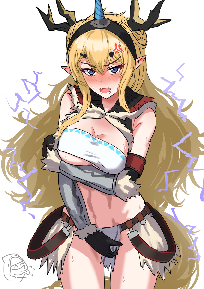 1girl anger_vein arknights blonde_hair blue_eyes blush breasts cleavage cowboy_shot doctor_(arknights) elbow_gloves electricity embarrassed gino gloves hairband highres horns kirin_(armor) large_breasts leizi_(arknights) loincloth long_hair looking_at_viewer midriff monster_hunter_(series) open_mouth pointy_ears simple_background single_horn standing strapless tube_top white_background