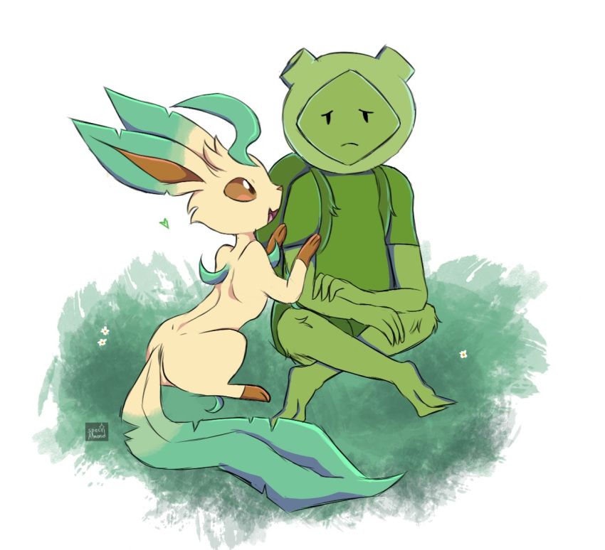 3_fingers adventure_time backpack big_tail brown_eyes cartoon_network crossed_legs daisies duo eeveelution elemental_creature elemental_humanoid feral fern_(adventure_time) fingers flora_fauna fur generation_4_pokemon grass green_body humanoid leaf_ears leaf_on_head leaf_tail leafeon living_grass male nintendo open_mouth plant pokemon pokemon_(species) quadruped sitting spec_almond_(artist) tail tan_body tan_fur