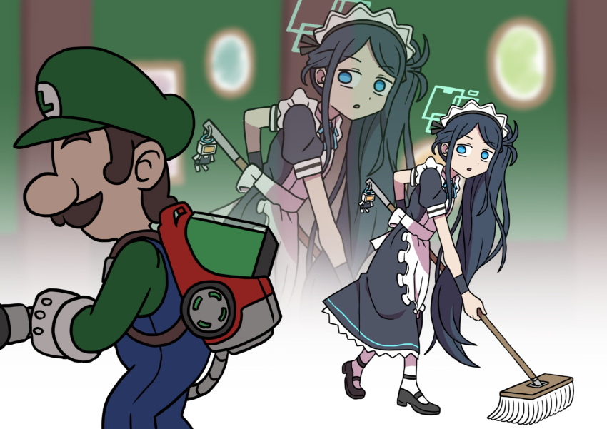 &lt;key&gt;_(blue_archive) 1boy 1girl absurdly_long_hair apron aris_(blue_archive) aris_(maid)_(blue_archive) art_shift backpack bag black_footwear black_hair blue_archive blue_bow blue_bowtie blue_eyes blue_overalls bow bowtie commentary_request crossover faceless faceless_male facial_hair forehead from_side full_body gloves green_shirt halo hat highres holding holding_mop leaning_forward long_hair long_sleeves looking_at_another looking_to_the_side luigi luigi's_mansion luigi's_mansion_3 maid maid_apron maid_headdress mary_janes mop mustache official_alternate_costume overalls pantyhose parted_bangs parted_lips peaked_cap poltergust_3000 shirt shoes short_sleeves side_ponytail sidelocks vacuum_cleaner very_long_hair walking washin white_gloves white_pantyhose zoom_layer