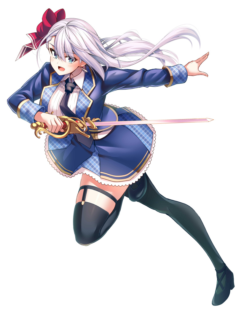 1girl absurdres belt black_necktie blue_eyes blue_jacket bow breasts earrings excalibur_academy_uniform floating_hair hair_bow high-waist_skirt high_heels highres holding holding_sword holding_weapon jacket jewelry keigen_hichou large_breasts long_hair looking_at_viewer lyseria_christaria necktie rapier red_bow seiken_gakuin_no_maken_tsukai skirt sword thighhighs weapon white_belt white_hair wing_collar