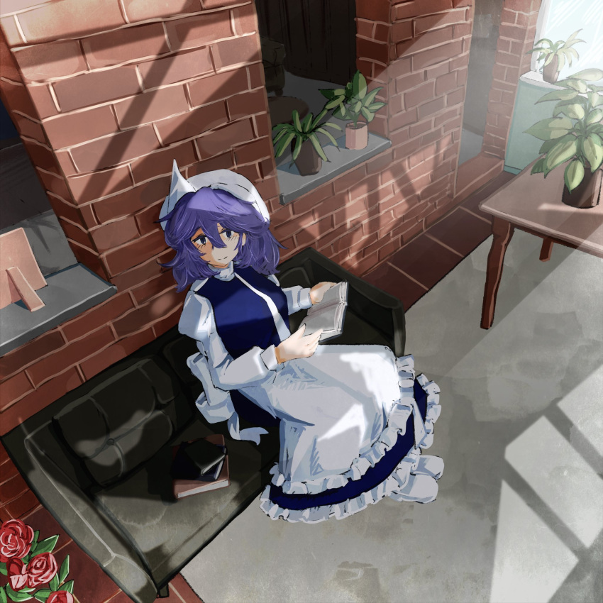 1girl book book_stack brick brick_wall day flower highres holding holding_book indoors koyane_(silver81106) letty_whiterock light medium_hair open_book picture_frame plant potted_plant red_flower shadow solo sunlight table tile_floor tiles touhou triangular_headpiece white_headwear window_shade