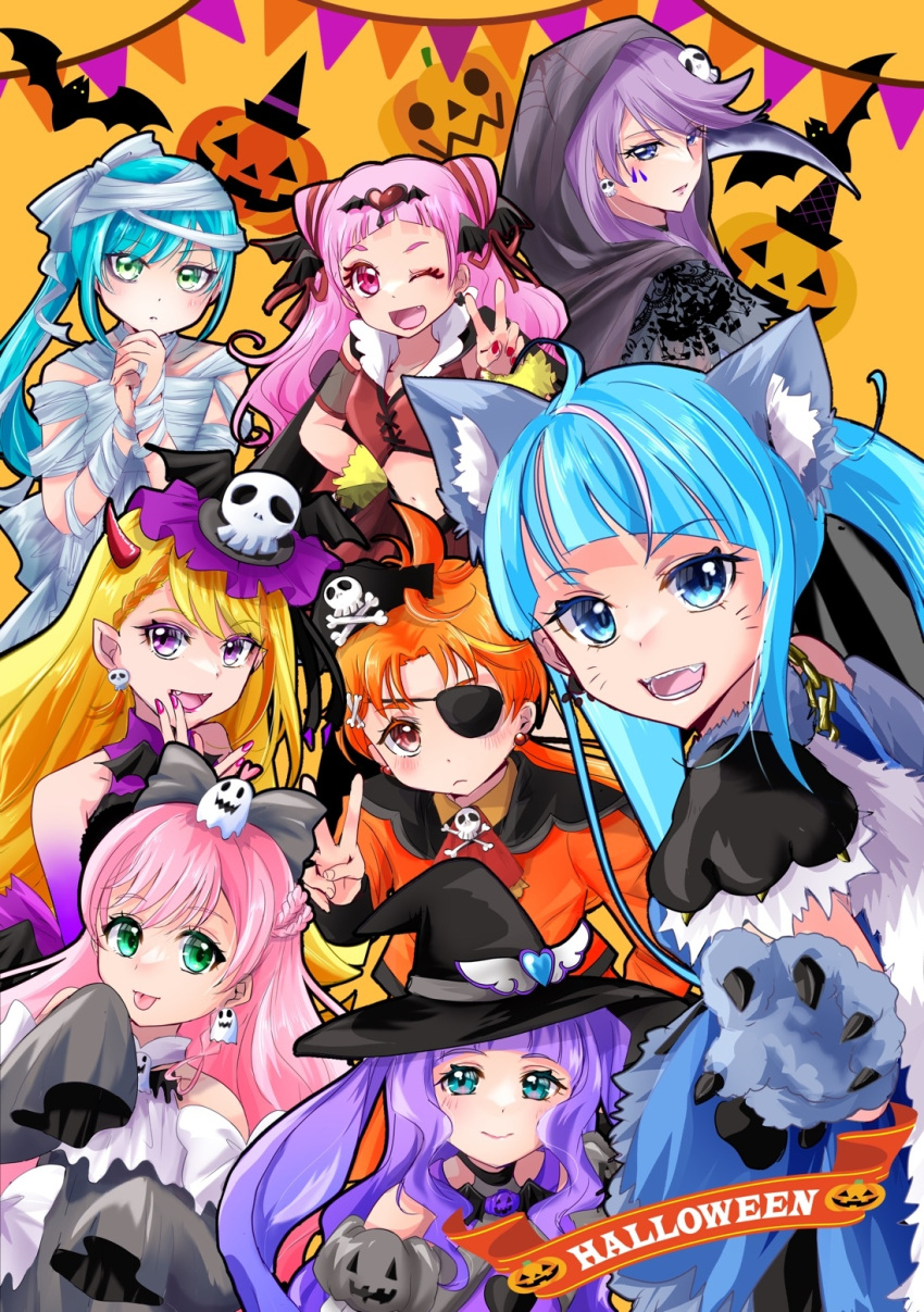 1boy 6+girls :p animal_ears animal_hands aqua_eyes bandaged_head bandages bat_(animal) black_cloak blue_eyes blue_hair blue_shirt bow braid braided_bangs chain cloak closed_mouth clothing_cutout commentary cone_hair_bun cropped_shirt cure_butterfly cure_majesty cure_moonlight cure_prism cure_sky cure_spicy cure_wing cure_yell cut_bangs delicious_party_precure demon_horns detached_sleeves double_bun dress earrings ellee-chan english_text eyepatch fang fangs french_braid fur-trimmed_shirt fur_trim fuwa_kokone ghost_earrings ghost_hair_ornament gloves green_eyes grey_bow grey_dress hair_bow hair_bun hair_ornament hair_ribbon halloween halloween_costume halterneck hand_to_own_mouth hat hat_ornament heartcatch_precure! highres hijiri_ageha hirogaru_sky!_precure holding_sickle horns hugtto!_precure in-franchise_crossover jack-o'-lantern jewelry long_hair long_sleeves looking_at_viewer magical_girl manekineko5319 multicolored_hair multiple_girls mummy_costume navel nijigaoka_mashiro nono_hana open_mouth orange_hair orange_shirt own_hands_together paw_gloves pink_eyes pink_hair precure puffy_detached_sleeves puffy_sleeves purple_eyes purple_hair red_eyes red_ribbon ribbon shirt short_sleeves shoulder_cutout sickle skull_earrings skull_hair_ornament skull_hat_ornament sleeves_past_fingers sleeves_past_wrists smile sora_harewataru streaked_hair string_of_flags tongue tongue_out tsukikage_yuri twintails two_side_up v wing_hat_ornament witch_hat yuunagi_tsubasa