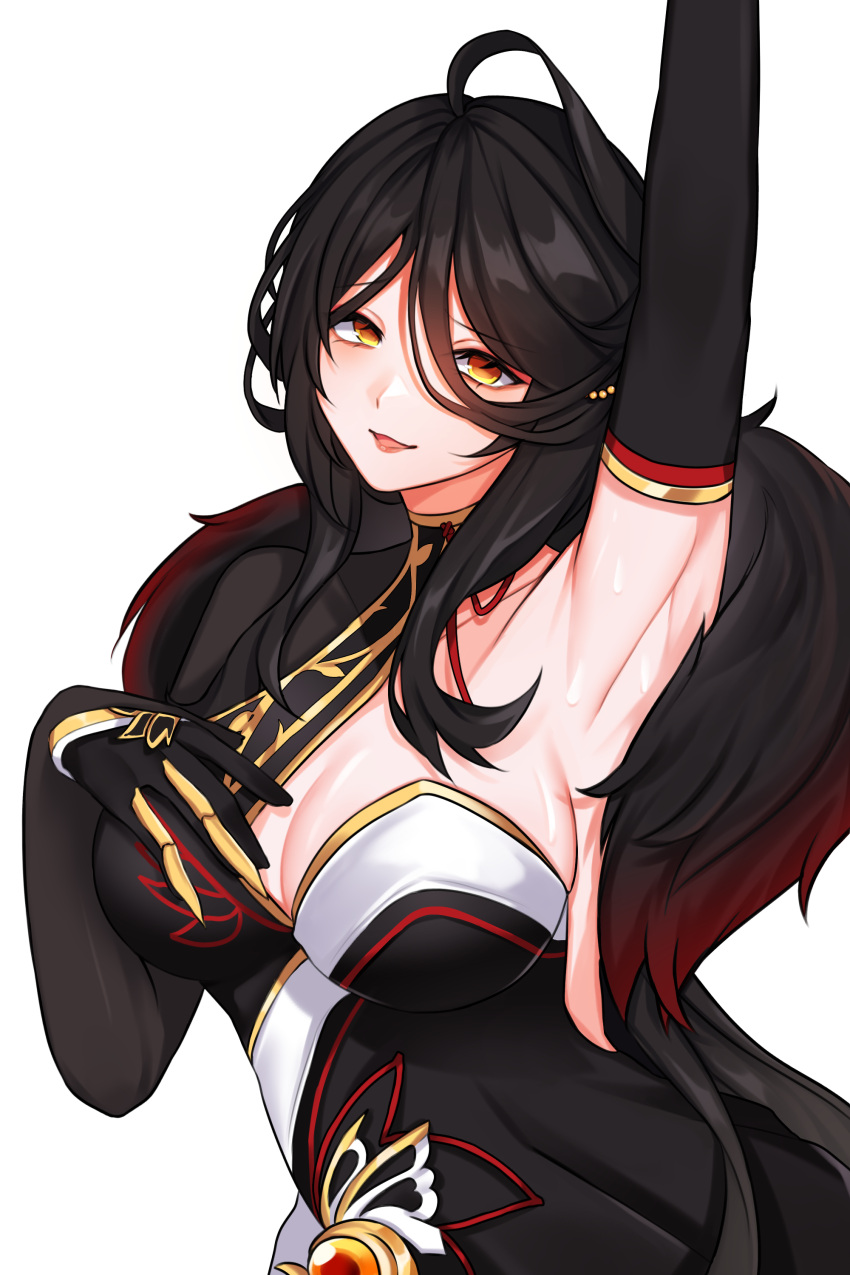 1girl absurdres ahoge ara_haan arm_up armpits black_dress black_gloves black_hair breasts cleavage devi_(elsword) dress elbow_gloves elsword feather_boa gloves hand_on_own_chest highres large_breasts lips long_hair looking_at_viewer orange_eyes pink_lips sidelocks simple_background sindellnwza smile solo sweat white_background