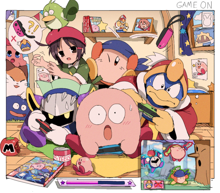:d :o ^_^ adeleine amiibo angry armor bandana bandana_waddle_dee bed bendedede beret blue_bandana blue_eyes blue_sky blush border bow brown_eyes brown_hair can cape chuchu_(kirby) closed_eyes closed_mouth cloud collared_shirt commentary controller coo_(kirby) copy_ability curtains cushion day doorway drawing english_commentary figure fur-trimmed_jacket fur_trim game_controller gloves gooey_(kirby) green_headwear green_shirt hair_ornament hairclip hands_up hat highres holding holding_controller holding_game_controller holding_polearm holding_sword holding_weapon indoors jacket joy-con king_dedede kirby kirby's_return_to_dream_land_deluxe kirby_(series) long_sleeves magolor mask maxim_tomato meta_knight nago_(kirby) on_floor one_eye_closed open_clothes open_jacket open_mouth outside_border paper parted_bangs pauldrons picture_frame pillow pitch_(kirby) playing_games pointing polearm red_bow red_headwear red_jacket ribbon_(kirby) shelf shirt short_hair short_sleeves shoulder_armor sidelocks sitting sky smile spear speech_bubble star_(symbol) star_pillow star_print string_of_flags sweatdrop sword sword_kirby tomato tree v-shaped_eyebrows video_game weapon whispy_woods white_border white_gloves wide-eyed window wooden_floor yellow_eyes