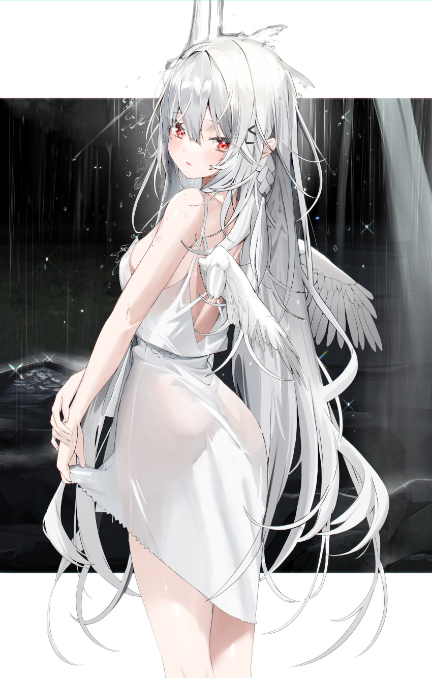 1girl absurdres backless_dress backless_outfit bare_arms bare_shoulders breasts commentary_request dress feathered_wings grey_hair hair_between_eyes hair_ornament hairclip highres kamioka_shun'ya long_hair looking_at_viewer looking_back medium_breasts mini_wings original parted_lips red_eyes sleeveless sleeveless_dress solo very_long_hair water white_dress white_wings wings