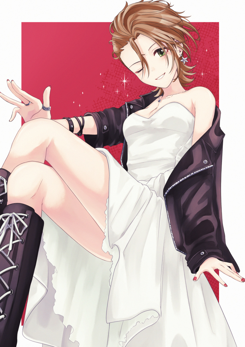 1girl absurdres ankle_boots black_footwear black_jacket blush boots breasts brown_hair cleavage crossed_legs dot_nose dress earrings green_eyes grid_background highres idolmaster idolmaster_cinderella_girls idolmaster_cinderella_girls_starlight_stage invisible_chair jacket jewelry kimura_natsuki kumatsuki_(no-kirin) legs long_sleeves looking_at_viewer medium_breasts multiple_bracelets necklace off_shoulder open_mouth red_nails ring short_hair simple_background single_bare_shoulder sitting sleeveless sleeveless_dress smile solo sparkle star_(symbol) star_earrings two-tone_background white_dress zipper