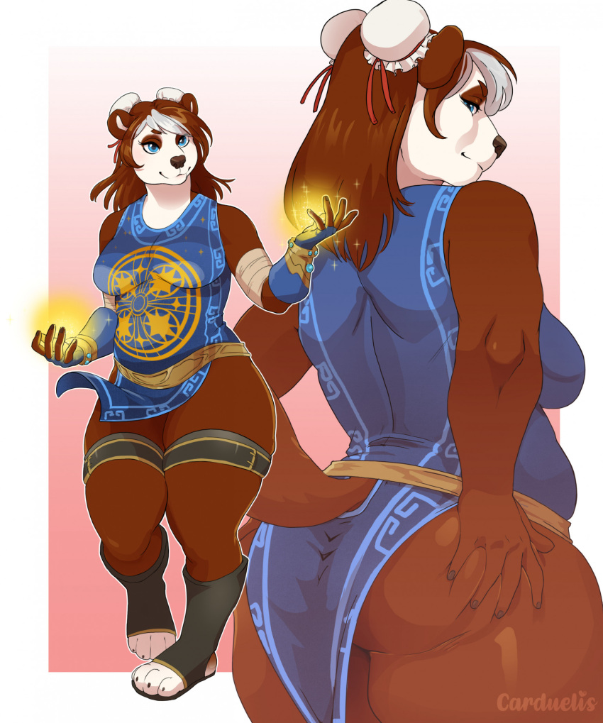 ailurid anthro arm_wraps bear big_butt blizzard_entertainment breasts butt butt_grab carduelis casting_spell clothed clothing female footwear gloves hair hair_buns hand_on_butt handwear hi_res highlights_(coloring) looking_at_viewer looking_back looking_back_at_viewer magic magic_user mammal pacchi pandaren presenting presenting_hindquarters red_panda simple_background smile solo tabard thick_thighs thigh_belt warcraft wraps