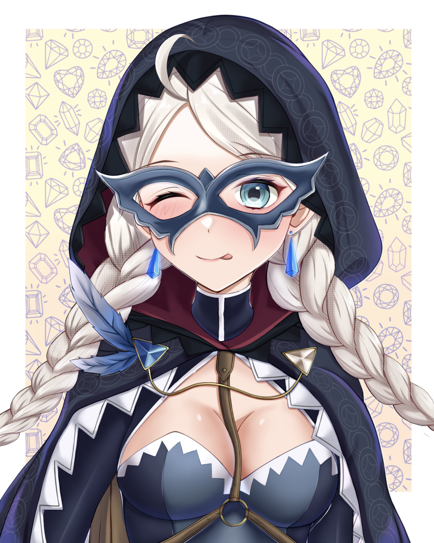 1girl absurdres ahoge blue_brooch blue_eyes blue_feathers braid breasts cape chain cleavage commission commissioner_upload crystal_earrings devaniart earrings eye_mask feathers fire_emblem fire_emblem_fates fire_emblem_heroes gold_chain harness highres hood hood_up hooded_cape jewelry long_hair looking_at_viewer low_twin_braids medium_breasts nina_(fire_emblem) nina_(thief)_(fire_emblem) non-web_source o-ring official_alternate_costume one_eye_closed parted_bangs tongue tongue_out turtleneck twin_braids upper_body