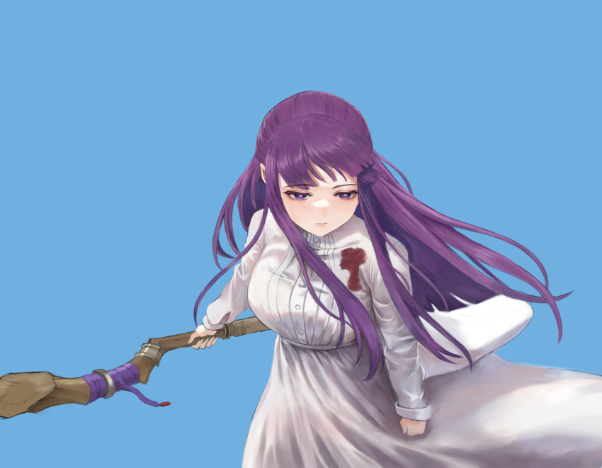 1girl absurdres aimu_(angry9565) blood blood_on_clothes blue_background breasts bright_pupils closed_mouth commentary dress fern_(sousou_no_frieren) half-closed_eyes highres holding holding_staff large_breasts long_sleeves mage_staff purple_eyes purple_hair simple_background solo sousou_no_frieren staff upper_body white_dress