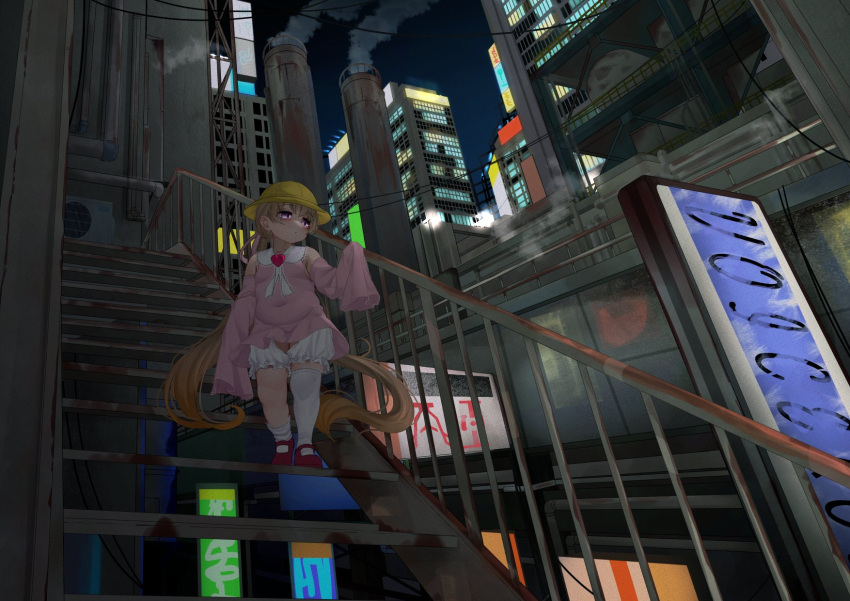 1girl air_conditioner asymmetrical_legwear bloomers closed_mouth commentary_request detached_sleeves dress full_body highres light_brown_hair long_hair long_sleeves ne_an_ito night night_sky outdoors pink_dress pink_sleeves plump purple_eyes railing red_footwear single_thighhigh sky sleeves_past_fingers sleeves_past_wrists smokestack solo stairs standing thighhighs tsukuyomi_ai twintails very_long_hair voiceroid white_bloomers yellow_headwear