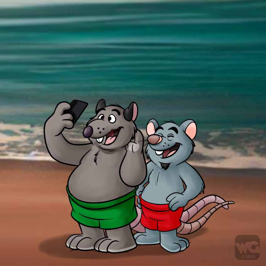 2023 3_toes 4_fingers anthro beach belly big_belly blue_body bottomwear brok_the_investigator cellphone clothing duo eyes_closed feet fingers grey_body guard_(brok_the_investigator) hacker_(brok_the_investigator) hi_res hubie360 humanoid_hands male male/male mammal mouse murid murine overweight overweight_male phone rat rodent seaside shorts slightly_chubby smartphone smile swimwear toes