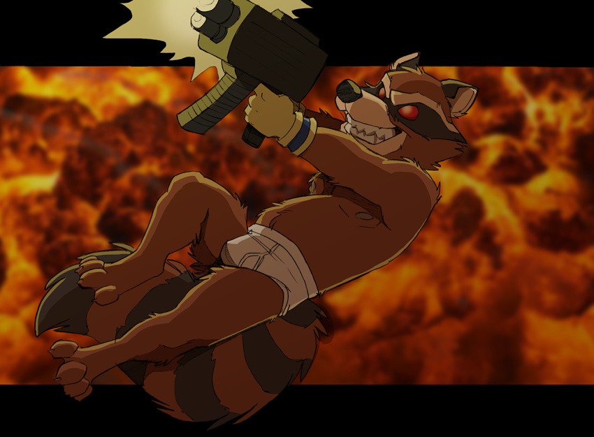 anthro barefoot black_background black_body black_fur black_nose briefs brown_body brown_fur bulge cirruskitfox claws clothed clothing detailed_background feet fur gloves guardians_of_the_galaxy gun handwear machine_gun male mammal marvel nipples open_mouth orange_background procyonid raccoon ranged_weapon red_background red_eyes rocket_raccoon shooting simple_background smile solo tan_body tan_fur teeth_showing tighty_whities topless underwear weapon white_briefs white_clothing white_gloves white_handwear white_underwear yellow_background