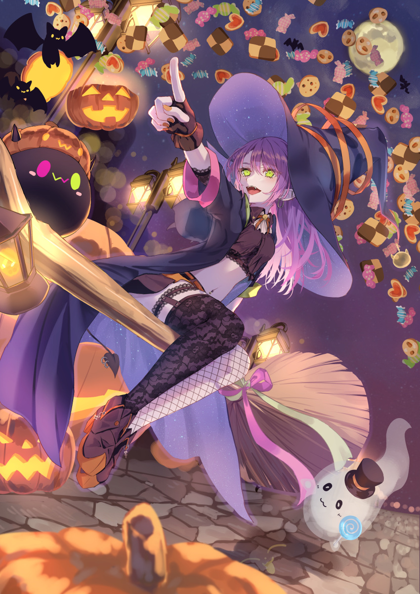 1girl absurdres asymmetrical_legwear bat_(animal) black_gloves black_shirt black_skirt broom broom_riding costume cropped_shirt demon_tail ear_piercing fingerless_gloves fishnet_thighhighs fishnets gloves green_eyes halloween hat heart_o-ring highres hololive industrial_piercing jack-o'-lantern long_hair looking_to_the_side moon navel_piercing open_mouth outdoors piercing pink_hair shirt skirt smile solo tail tail_ornament tail_piercing thighhighs tika_tika4101 tokoyami_towa virtual_youtuber witch_hat