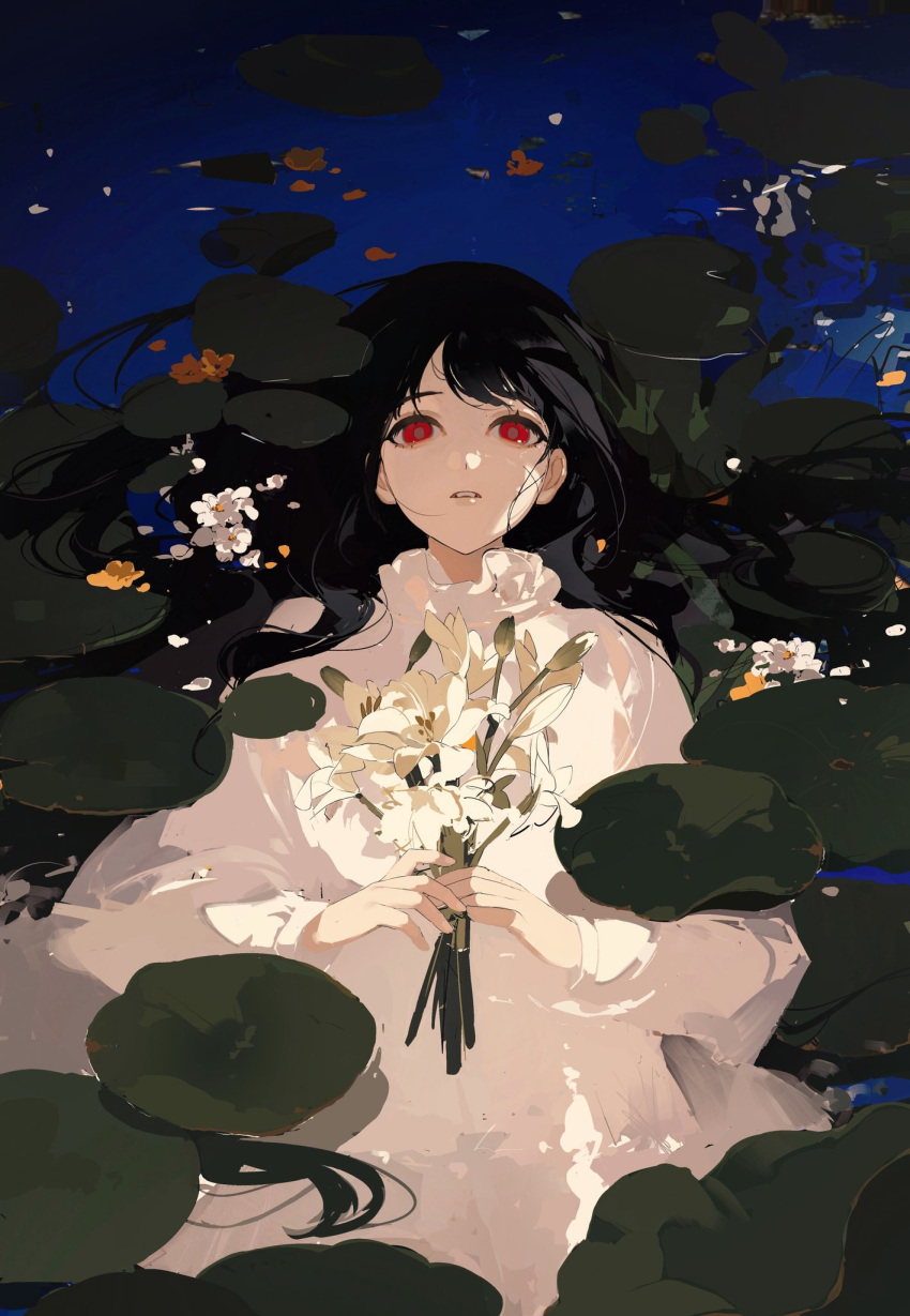 1girl afloat black_hair bright_pupils chongzhen_085 dress eyebrows_hidden_by_hair flower frills from_above hair_spread_out highres holding holding_flower leaf lily_(flower) lily_pad long_hair long_sleeves looking_at_viewer lying on_back open_mouth original outdoors parted_lips partially_submerged petals petals_on_liquid pond puffy_long_sleeves puffy_sleeves red_eyes ripples solo teeth upper_body very_long_hair water wet white_dress white_flower yellow_flower