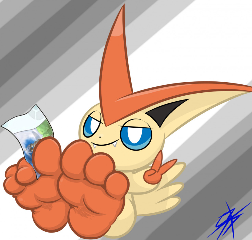 2022 3_toes ambiguous_gender anthro black_ears blue_eyes fangs feet foot_focus generation_5_pokemon gesture grey_background hi_res legendary_pokemon multicolored_body nintendo orange_body orange_feet pokemon pokemon_(species) prick_ears signified-blue simple_background smile smiling_at_viewer soles solo teeth ticket toe_curl toes two_tone_body v_sign victini wrinkle wrinkled_feet wrinkled_soles wrinkles yellow_body