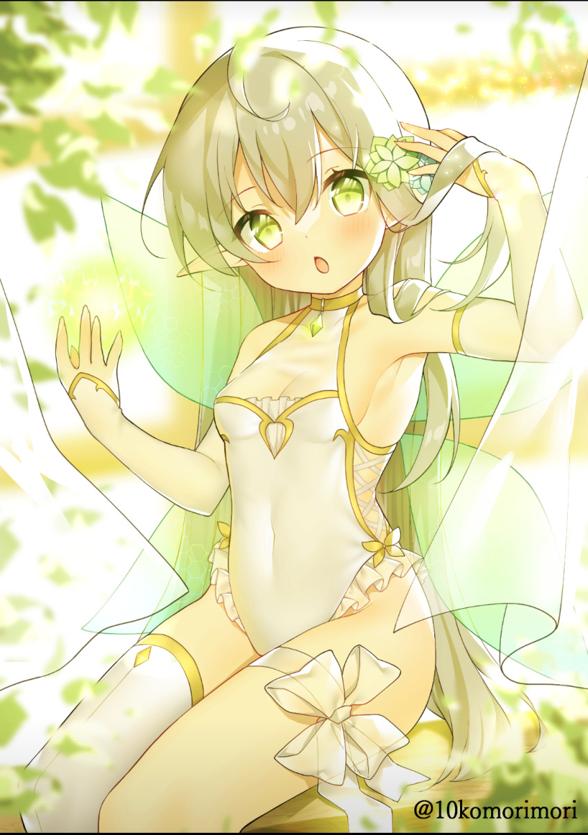 1girl :o arm_up bare_shoulders blurry blurry_foreground blush bow breasts cleavage covered_navel detached_sleeves fairy fairy_wings feet_out_of_frame flower frilled_leotard frills glowing gold_trim green_eyes hair_between_eyes hair_flower hair_lift hair_ornament hand_in_own_hair hand_up head_tilt highres juugou_taki leaf legs_together leotard long_hair long_sleeves looking_at_viewer open_mouth original pointy_ears see-through single_thighhigh sitting small_breasts solo straight_hair thigh_strap thighhighs tight twitter_username very_long_hair white_bow white_hair white_leotard white_sleeves white_thighhighs wings