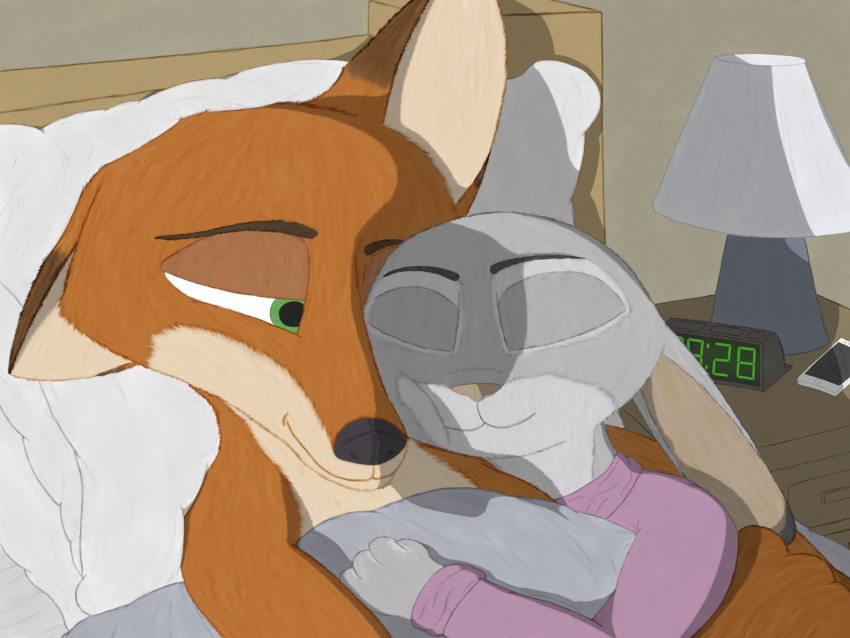 anothercolouranon anthro bed bedding blanket canid canine cellphone cuddling disney duo embrace female fox furniture hi_res hug judy_hopps lagomorph leporid male mammal nick_wilde phone pillow rabbit sleeping zootopia