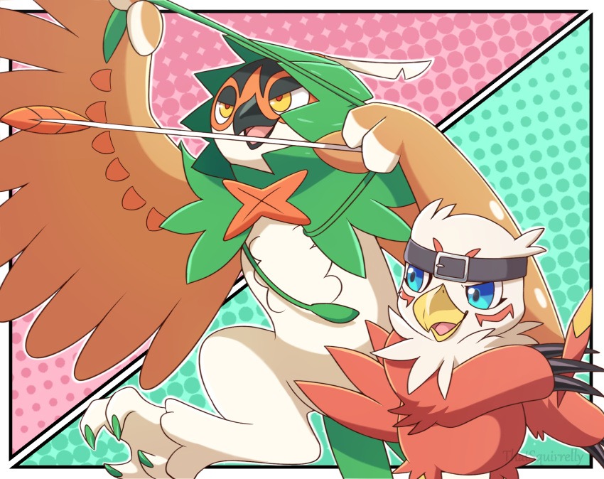 accessory anthro archer bandai_namco beak blue_eyes brown_body brown_feathers claws crossover decidueye digimon digimon_(species) duo feathers generation_7_pokemon hawkmon headband hi_res hood male nintendo pokemon pokemon_(species) talons thatsquirrelly wings yellow_eyes