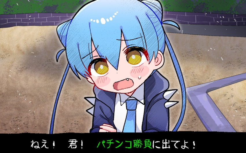 1girl blue_hair blue_hoodie blue_necktie blush_stickers brick_wall bright_pupils collared_shirt commentary_request cone_hair_bun day death_merumeru double_bun fang frown furrowed_brow hair_bun head_tilt hood hood_down hoodie long_hair looking_at_viewer necktie open_clothes open_hoodie open_mouth outdoors shinigami_dot_com shirt shoulder_spikes solo spikes subtitled sweatdrop translation_request twintails upper_body white_pupils white_shirt yasashii_naizou yellow_eyes