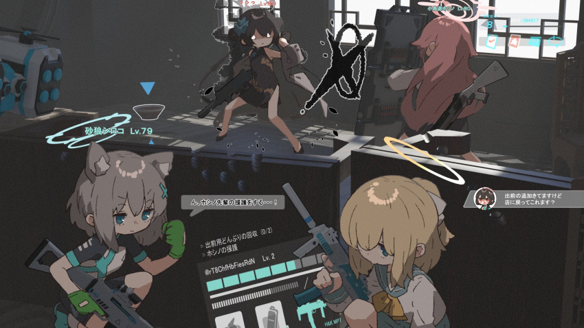 3d_background 5girls amonitto animal_ears architecture artist_self-insert assault_rifle aura ayane_(blue_archive) bare_shoulders bike_shorts black_dress black_hair black_skirt blank_eyes blonde_hair blue_archive blue_eyes blue_sailor_collar blue_skirt bow bowl character_name china_dress chinese_clothes clenched_hand coat coat_partially_removed commentary_request cycling_uniform dark_aura double_bun dress drone east_asian_architecture flats gloves green_gloves grey_coat grey_hair gun gun_on_back h&amp;k_mp7 hair_bow hair_bun hair_flaps hair_ornament hand_up heads-up_display health_bar highres holding holding_gun holding_shield holding_weapon hoshino_(blue_archive) indoors kisaki_(blue_archive) kung_fu long_hair looking_at_another multiple_girls neck_ribbon on_one_knee open_clothes open_coat pink_hair ribbon rifle sailor_collar school_uniform serafuku shield shiroko_(blue_archive) shiroko_(cycling)_(blue_archive) shirt short_dress short_hair short_ponytail short_sleeves shotgun side_slit skirt sleeveless sleeveless_dress submachine_gun taking_cover translation_request trigger_discipline trinity_student_(blue_archive) twintails twitter_username user_interface v-shaped_eyebrows weapon weapon_on_back white_bow white_shirt yellow_ribbon
