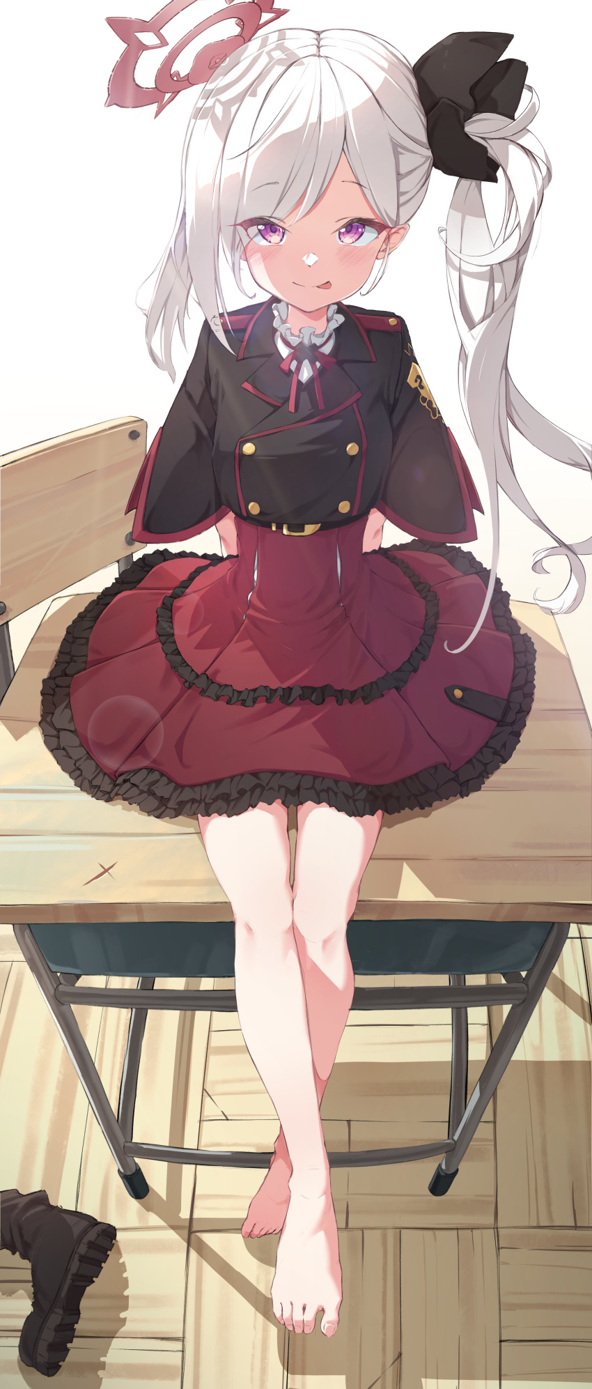 1girl :p absurdres barefoot black_footwear blue_archive boots full_body halo highres legs long_hair looking_at_viewer mutsuki_(blue_archive) naretsuro ponytail purple_eyes red_skirt side_ponytail sitting skirt standing tongue tongue_out white_hair