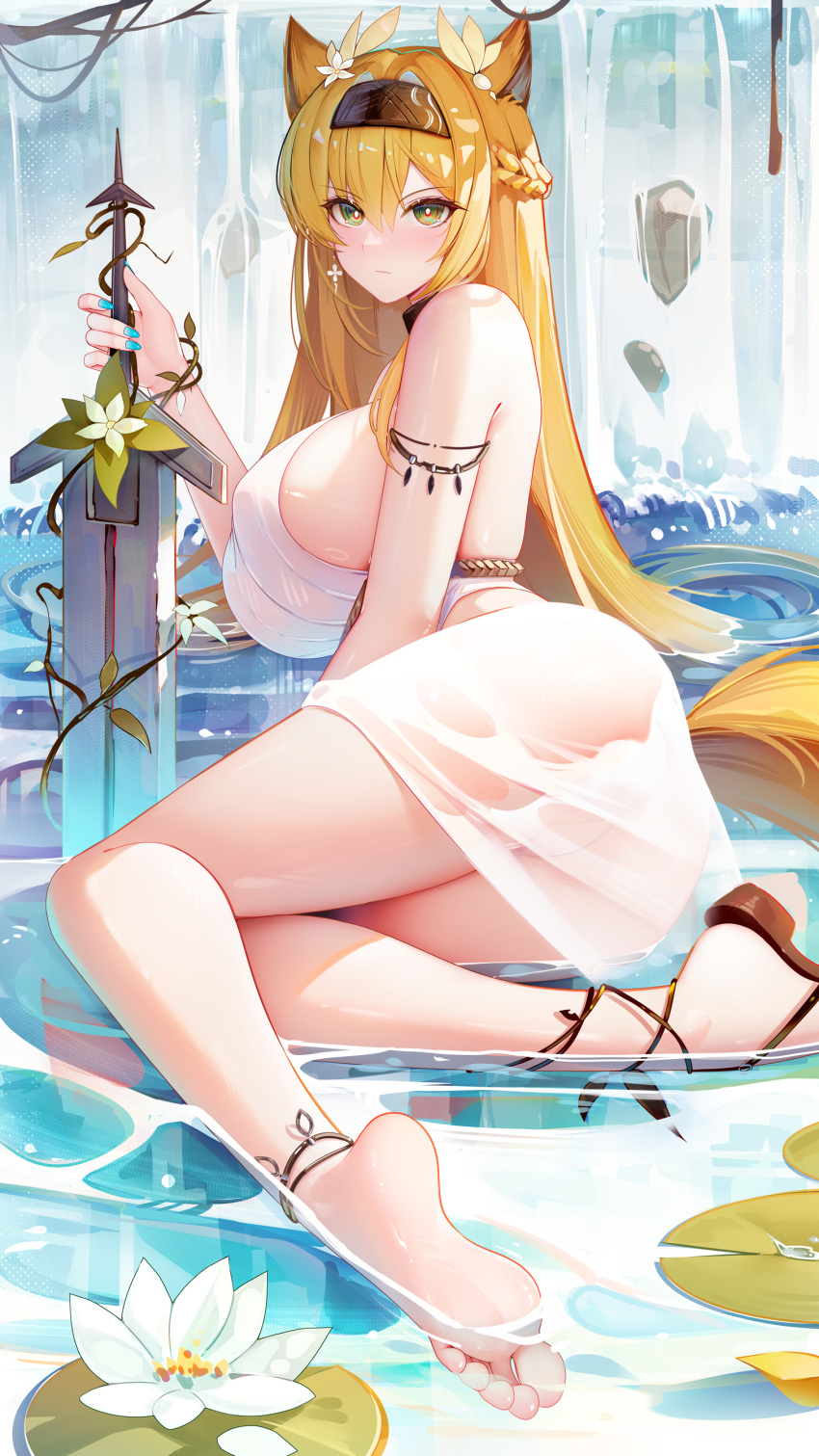 1girl absurdres animal_ears arknights ass bare_arms bare_shoulders barefoot binggong_asylum black_hairband blonde_hair blue_nails breasts commentary_request dress feet flower green_eyes hair_between_eyes hairband highres holding holding_sword holding_weapon horn_(arknights) horn_(to_effloresce_whitely)_(arknights) large_breasts lily_pad long_hair looking_at_viewer nail_polish official_alternate_costume sandals single_sandal solo sword thighs very_long_hair weapon white_dress white_flower wolf_ears