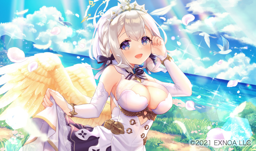 1girl :d angel_wings angelic_link bird blush breasts character_request cleavage cleavage_cutout clothing_cutout cloud cloudy_sky commentary_request day detached_sleeves grass grey_hair hair_tucking halo large_breasts lens_flare long_sleeves looking_at_viewer non-circular_lens_flare ocean official_art outdoors pico_(p_i_c_o) purple_eyes short_hair skirt_hold sky smile solo tiara upper_body wings yellow_wings