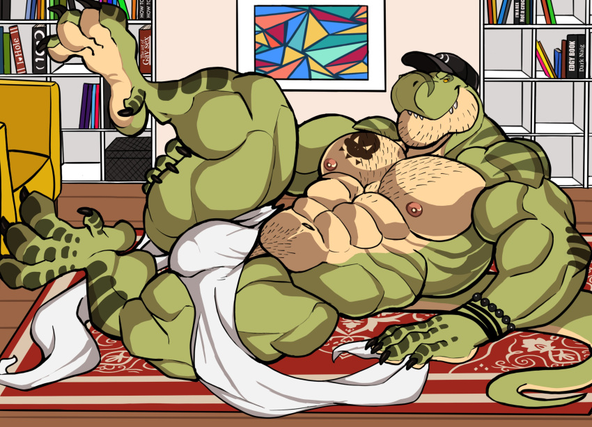 abs anthro bedding biceps blanket body_hair bulge claws darknaigart dinosaur green_body hi_res jace_(darknaig) looking_at_viewer lying male muscular muscular_anthro muscular_male nipples paws pecs reptile scalie shaved smile solo spread_legs spreading tattoo teeth theropod tyrannosaurid tyrannosaurus tyrannosaurus_rex yellow_eyes