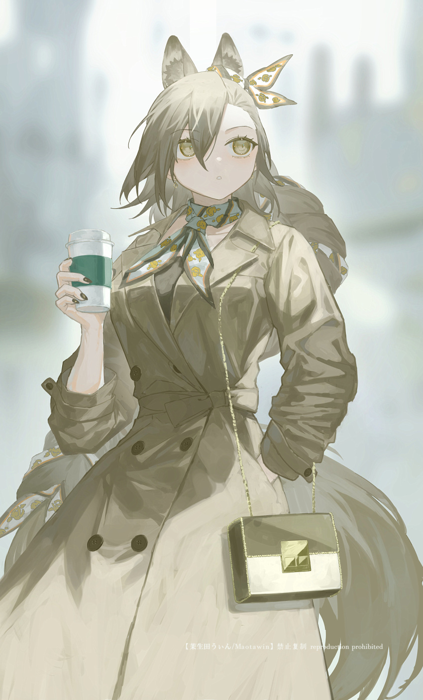 1girl 3pel1 animal_ear_fluff animal_ears arknights bag black_nails blurry blurry_background coat coffee_cup commentary_request cowboy_shot cup disposable_cup grey_coat grey_eyes grey_hair hair_between_eyes hand_in_pocket highres holding holding_cup long_coat long_hair long_sleeves neckerchief parted_lips penance_(arknights) shoulder_bag solo tail very_long_hair wolf_ears wolf_girl wolf_tail