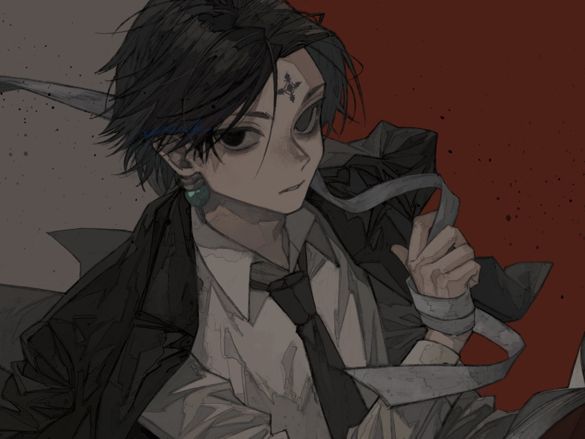 1boy bandages black_eyes black_hair black_suit book chrollo_lucilfer clothes_on_shoulders cross_tattoo earrings expressionless facial_mark facial_tattoo forehead_mark forehead_tattoo formal highres holding holding_bandages holding_book hunter_x_hunter jewelry long_sleeves looking_at_viewer male_focus nazo_meat necktie nen_(hunter_x_hunter) open_book red_background shirt short_hair simple_background solo suit tattoo upper_body white_shirt