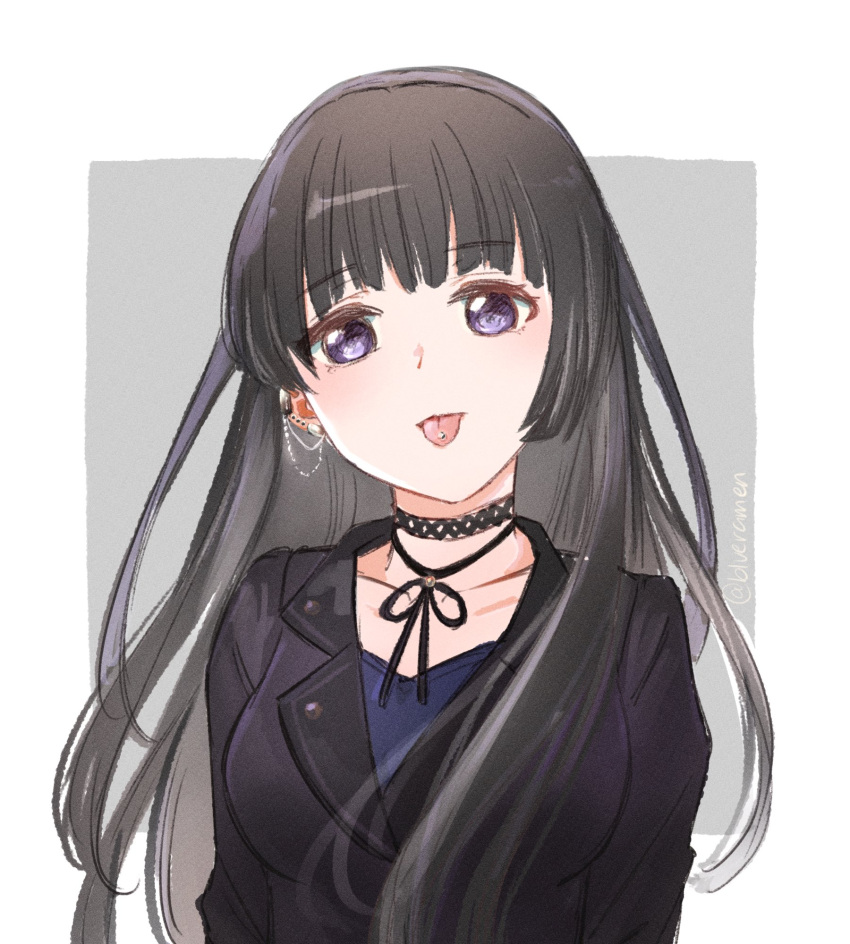 1girl bang_dream! black_hair black_jacket black_ribbon blue_shirt choker earrings highres jacket jewelry long_hair looking_at_viewer neck_ribbon piercing purple_eyes ribbon rocker-chic shirokane_rinko shirt signature tongue tongue_out tongue_piercing xin_(blueramen)