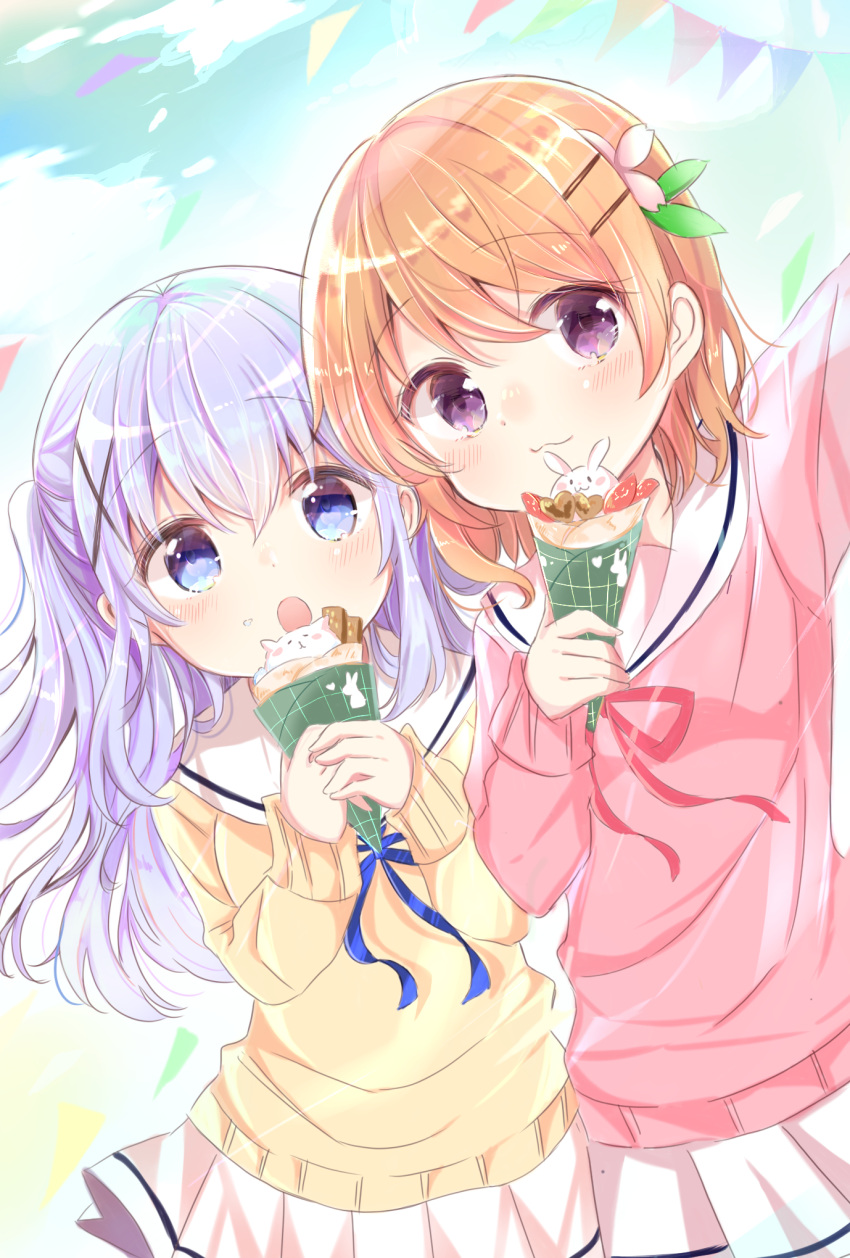 2girls :3 :o arm_up blouse blue_eyes blue_hair blue_ribbon blush breasts candy chocolate closed_mouth cloud commentary_request cowboy_shot cream crepe day food food_on_face fruit gochuumon_wa_usagi_desu_ka? hair_between_eyes hair_ornament hairclip heart heart-shaped_chocolate highres holding holding_food hoto_cocoa hoto_cocoa's_school_uniform kafuu_chino light_blue_hair long_hair long_sleeves looking_at_viewer miniskirt multiple_girls nanami_ayane_(kusunoki5050) neck_ribbon open_mouth orange_hair outdoors own_hands_together pink_shirt pleated_skirt purple_eyes rabbit red_ribbon ribbon sailor_collar school_uniform serafuku shirt short_hair single_stripe skirt small_breasts standing strawberry string_of_flags two_side_up white_sailor_collar white_skirt x_hair_ornament yellow_shirt