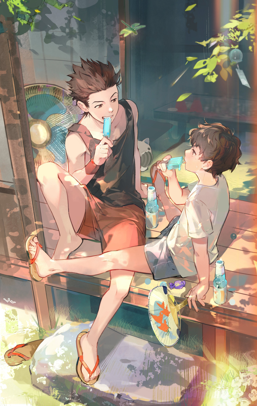 2boys absurdres aged_down black_tank_top bottle brown_eyes brown_hair candy dappled_sunlight day eating electric_fan eye_contact food full_body grey_shorts hand_fan highres looking_at_another male_focus miyagi_ryouta miyagi_sota multiple_boys paper_fan popsicle porch red_shorts shirt shorts sitting slam_dunk_(series) slippers smile spiked_hair sunlight tank_top toned toned_male undercut vidave1 wavy_hair white_shirt wind_chime