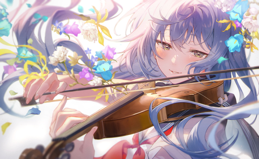 1girl blue_flower blush bow_(music) commentary_request flower grey_hair haru_(hiyori-kohal) highres holding holding_instrument holding_violin instrument long_hair looking_at_viewer music neckerchief original parted_lips playing_instrument purple_flower red_neckerchief sailor_collar school_uniform serafuku solo upper_body violin white_flower yellow_eyes