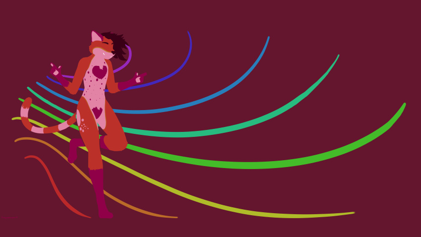 absurd_res ambiguous_gender anthro brown_hair canid canine canis countershading featureless_crotch fur hair hapromeen hi_res mammal markings minimalism minimalist multicolored_body multicolored_fur pink_body pink_fur pose purple_body purple_fur rainbow_background red_body red_fur simple_background smile solo spots spotted_markings wallpaper wolf