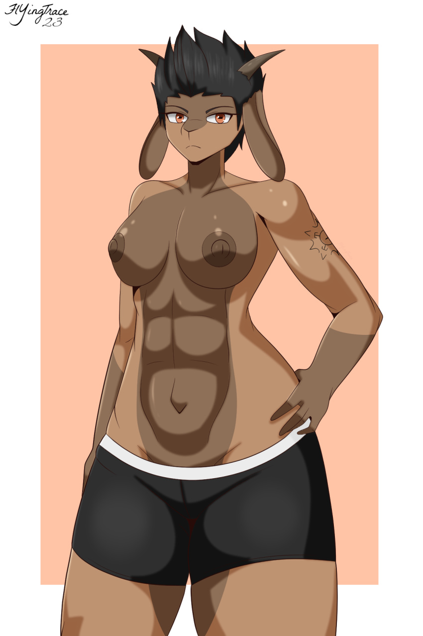 2023 abs anthro areola black_hair bottomwear bovid bovine breasts brown_body caprine cel_shading clothed clothing digital_media_(artwork) exposed_breasts female flyingtrace georgia_(flyingtrace) goat hair hi_res horn long_ears mammal multicolored_body muscular navel orange_eyes shaded shorts signature simple_background solo tattoo topless