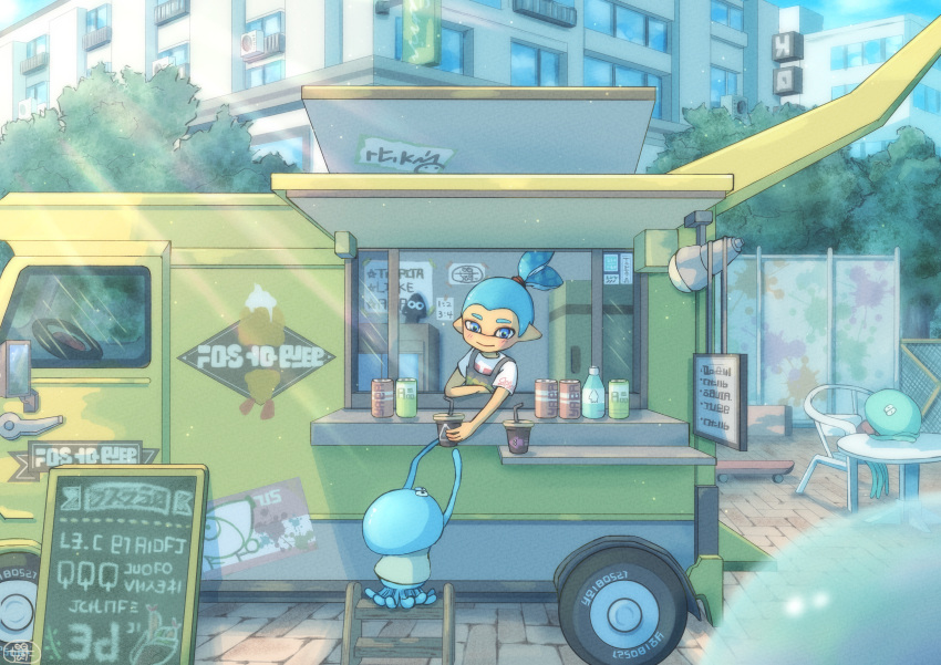 1boy absurdres air_conditioner apron arms_up awning blue_eyes blue_hair blue_sky blurry blurry_foreground blush bottle brick_floor building can chair chalkboard_sign closed_mouth commentary_request cup day disposable_cup drinking_straw fence food_truck grey_apron highres holding holding_cup inkling inkling_boy jellyfish_(splatoon) light_particles light_rays menu_board moromi_(kscd4482) motor_vehicle outdoors pointy_ears refrigerator scenery shirt short_sleeves sign sitting skateboard sky smile splatoon_(series) steering_wheel sunbeam sunlight t-shirt table tentacle_hair topknot tree truck wall white_shirt