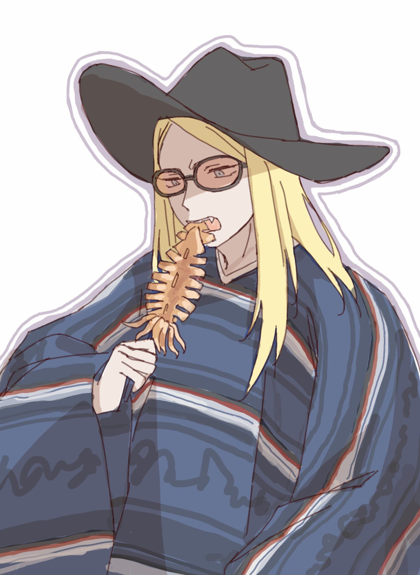 1boy blonde_hair blue_eyes cowboy_hat eating fate/grand_order fate_(series) food hat highres holding holding_food ikayaki long_hair male_focus official_alternate_costume orange-tinted_eyewear poncho simple_background solo sunglasses tezcatlipoca_(fate) thissideupplz tinted_eyewear upper_body white_background