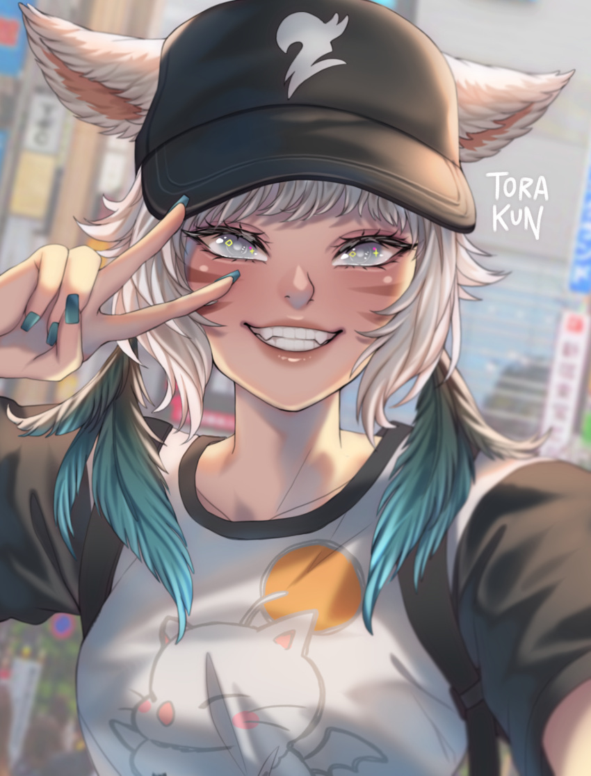 1girl animal_ears baseball_cap blurry blurry_background cat_ears facial_mark fangs feather_hair_ornament feathers final_fantasy final_fantasy_xiv grey_eyes grey_hair hair_ornament hat highres lips looking_at_viewer miqo'te selfie short_hair smile solo teeth torakun14 upper_body v whisker_markings y'shtola_rhul