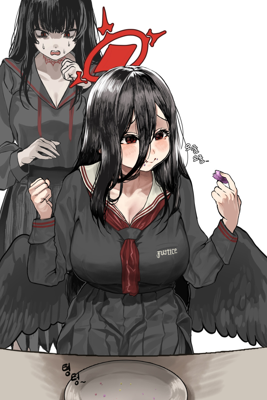 2girls absurdres black_choker black_hair black_serafuku black_skirt black_wings blue_archive blush breasts choker chroong cleavage collarbone eating feathered_wings food hair_between_eyes halo hasumi_(blue_archive) highres large_breasts long_hair looking_at_another macaron mole mole_under_eye multiple_girls neckerchief pleated_skirt red_eyes red_neckerchief school_uniform serafuku simple_background skirt smile straight_hair sweatdrop tray tsurugi_(blue_archive) very_long_hair white_background wings