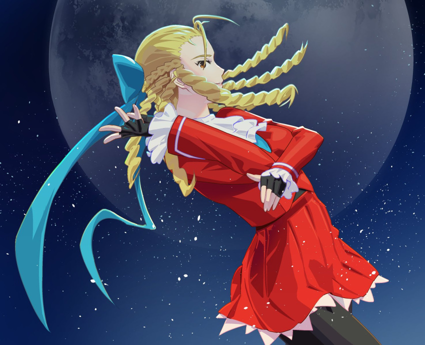 1girl ascot black_gloves black_pantyhose blonde_hair blue_bow bow cofffee drill_hair fingerless_gloves frills full_moon gloves hair_bow kanzuki_karin long_hair long_sleeves looking_at_viewer moon open_hands pantyhose red_skirt school_uniform skirt smile solo street_fighter street_fighter_v upper_body yellow_eyes