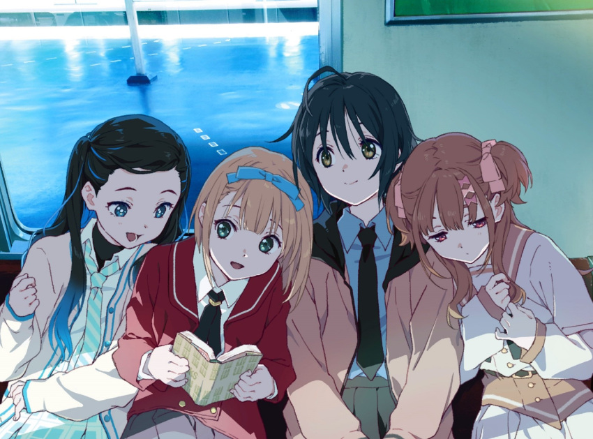 22/7 4girls album_cover black_hair blonde_hair blue_hair book bow braid brown_eyes brown_hair cover hair_ornament horiguchi_yukiko jacket long_hair looking_at_viewer multicolored_hair multiple_girls necktie nishiura_sora official_art open_clothes open_jacket reading saitou_nicole sera_honoka short_hair smile takigawa_miu twintails