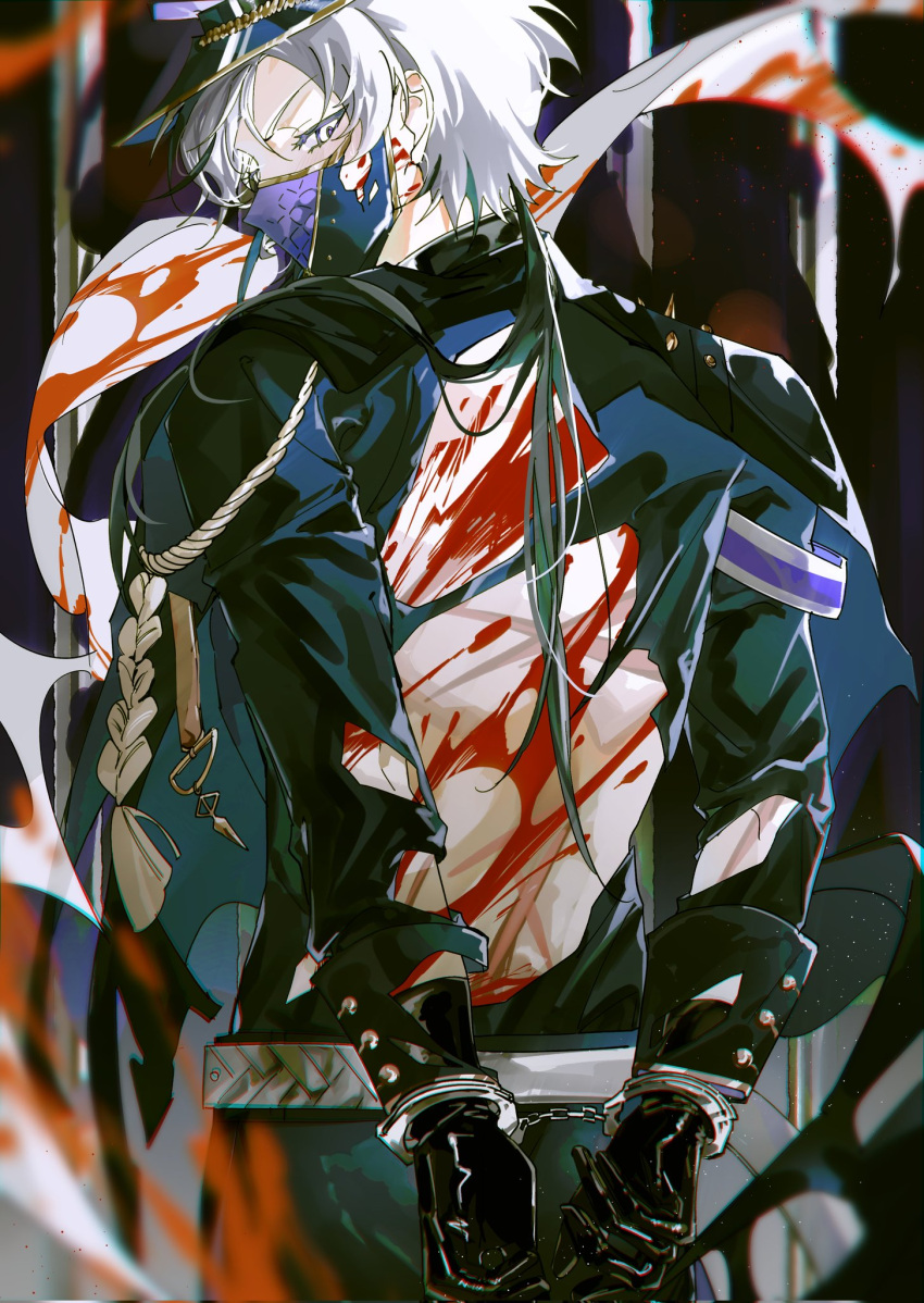 1boy bishounen black_gloves black_hair blade_(nu_carnival) blood blood_on_back blood_on_clothes blood_splatter cuffs e_mo_ka gloves grey_eyes grey_hair handcuffs highres long_sleeves looking_at_viewer male_focus multicolored_hair nu_carnival official_alternate_costume short_hair streaked_hair tassel torn_clothes white_hair