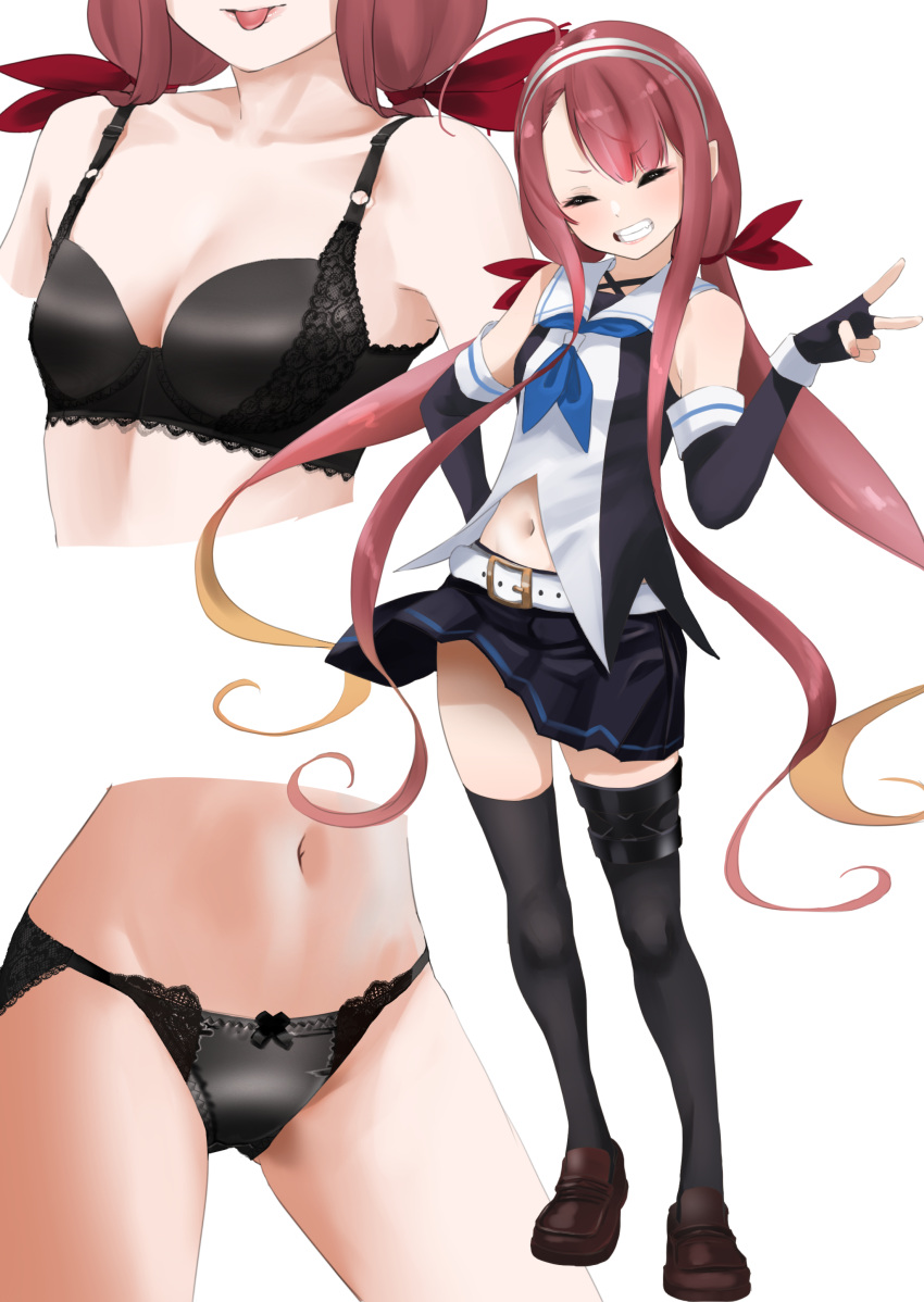 1girl absurdres ahoge asymmetrical_bangs black_bra black_gloves black_panties black_skirt black_thighhighs blue_neckerchief bra breasts commission elbow_gloves facing_viewer fingerless_gloves full_body gloves grin hair_ribbon hairband highres kantai_collection kawakaze_(kancolle) long_hair low_twintails multiple_views navel neckerchief panties pixiv_commission pleated_skirt red_hair ribbon sailor_collar shirt sidelocks simple_background skirt sleeveless sleeveless_shirt small_breasts smile tama_(tamago) thighhighs twintails underwear v very_long_hair white_background white_sailor_collar