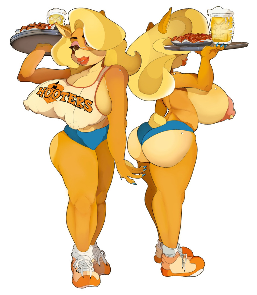 activision anthro areola bandicoot big_areola big_breasts bimbo_lip blonde_hair bottomwear breasts butt cleavage clothed clothing crabtopus crash_bandicoot_(series) duo female fur hair hi_res hooters_uniform huge_breasts lips looking_at_viewer mammal marsupial navel nipple_outline nipple_piercing nipples piercing puffy_areola puffy_nipples shorts solo tawna_bandicoot thick_thighs tight_clothing underwear wide_hips