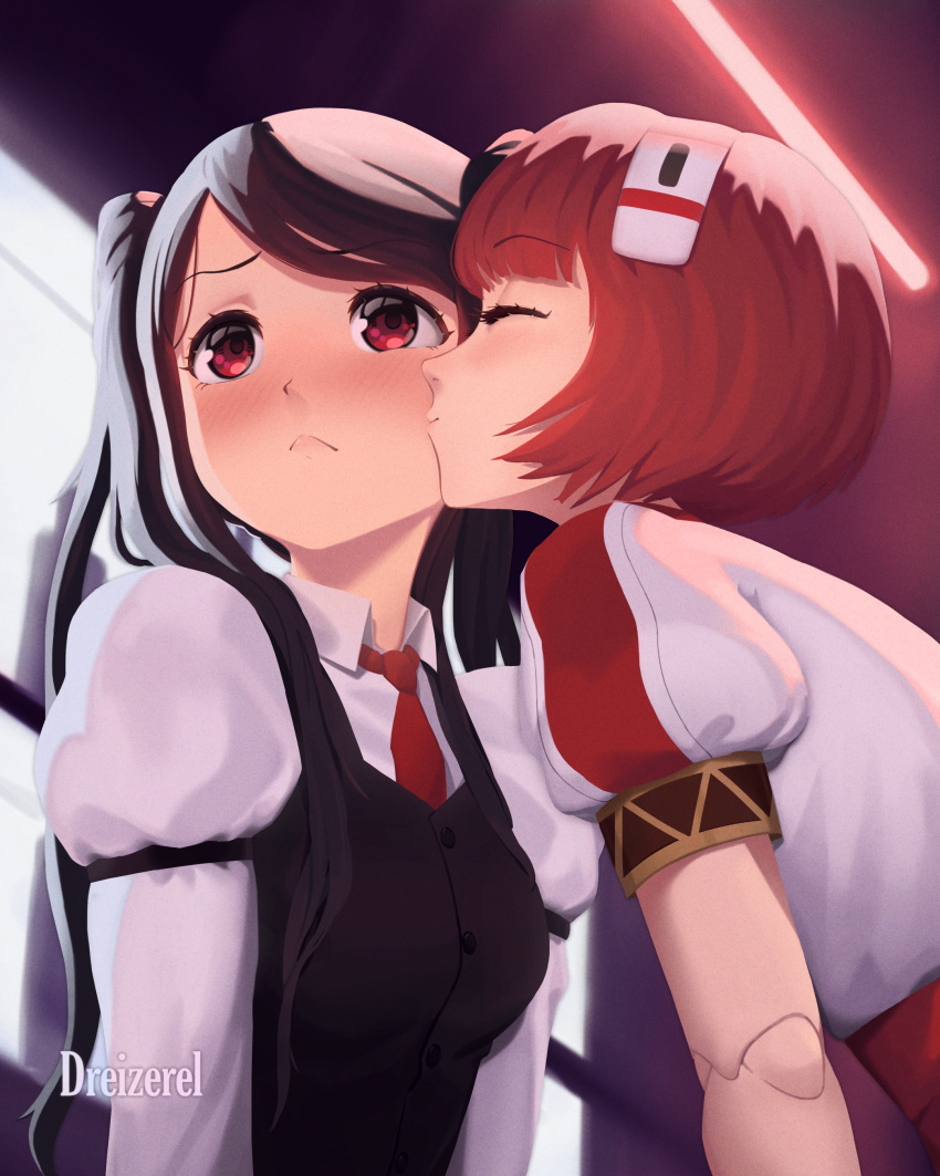 2girls absurdres android artist_name bar_(place) bartender blush closed_eyes closed_mouth dorothy_haze dreizerel highres jill_stingray kiss kissing_cheek long_hair multiple_girls necktie purple_hair red_eyes red_hair red_necktie shirt short_hair va-11_hall-a vest white_shirt yuri