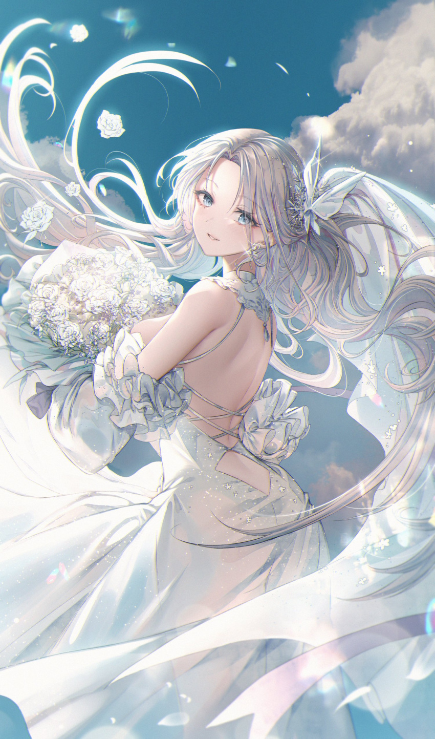 1girl absurdres azur_lane backless_dress backless_outfit blue_eyes bouquet dress from_behind highres holding holding_bouquet long_hair looking_at_viewer looking_back official_alternate_costume ozzingo wedding_dress white_hair yorktown_(azur_lane) yorktown_(towards_tomorrow's_brilliant_breeze)_(azur_lane) yorktown_ii_(azur_lane)