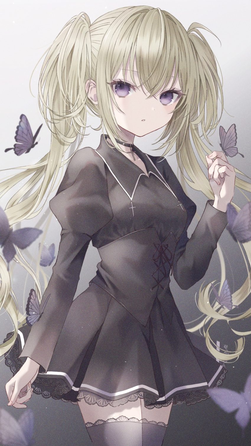 1girl black_choker black_dress black_thighhighs blush bug butterfly butterfly_on_hand choker corset cross cross_choker dress grey_background highres hoshina_utau long_hair long_sleeves looking_at_viewer multicolored_background open_mouth paruno purple_butterfly shugo_chara! thighhighs twintails white_background